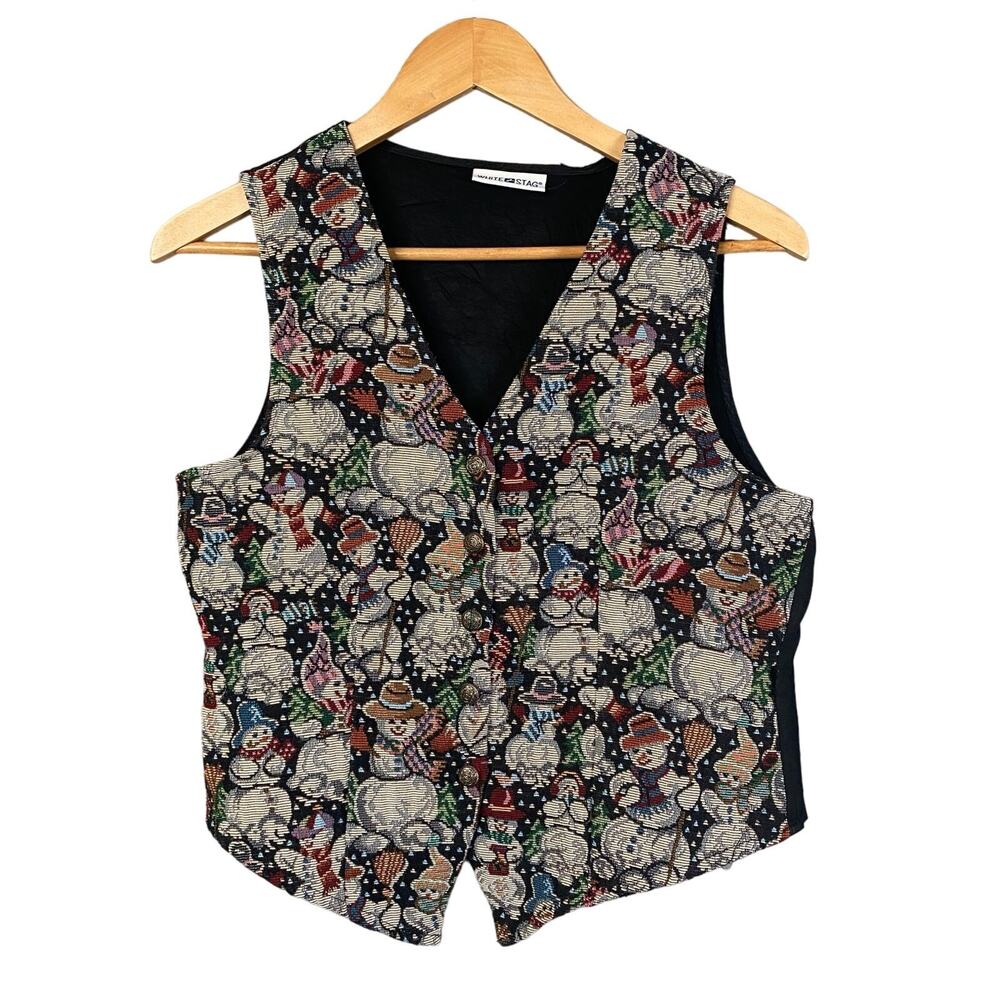 White Stag Snowman Tapestry Vest Womens Medium Holiday Christmas Novelty Grandma